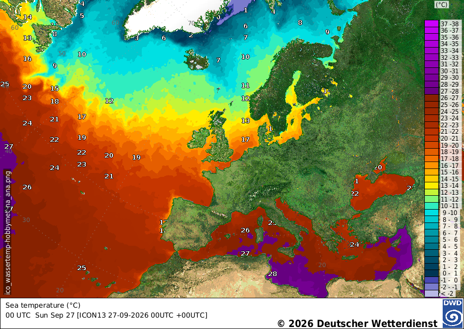 Karte der Meeresoberflächentemperatur für Nordatlantik, Nord- und Ostsee